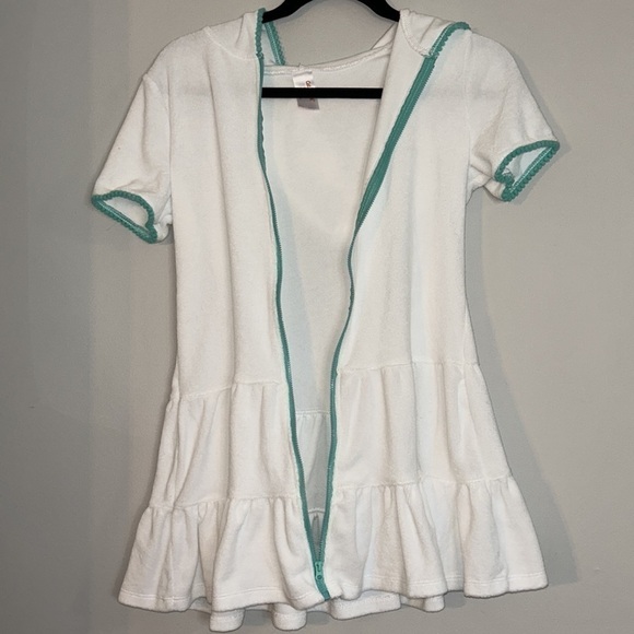 Cat & Jack White Beach Coverup with Teal Piping Size 10/12 - Picture 3 of 5